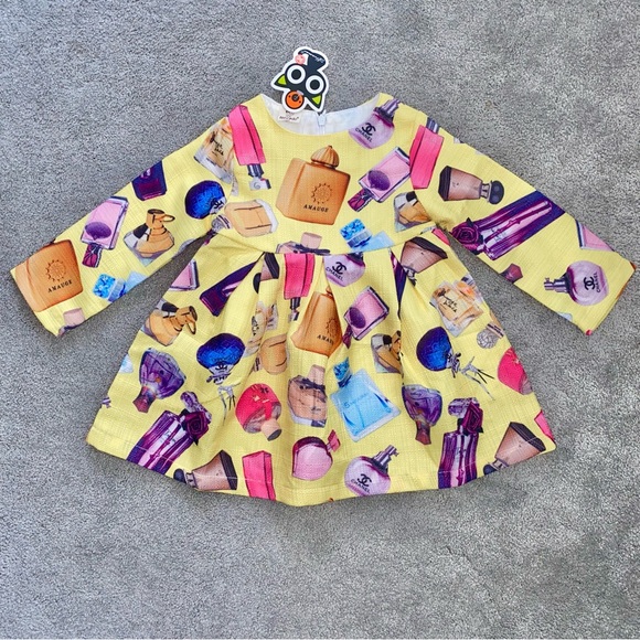 NWT 2T Boutique Baby Girls Designer Perfume Print Chanel Logo Yellow Dress - Picture 2 of 6